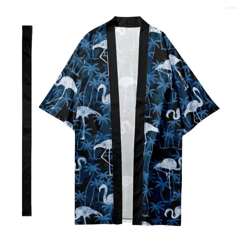 Abbigliamento etnico Uomo Giapponese Tradizionale Hawaiano Fenicottero Strisce Lungo Kimono Cardigan Samurai Accappatoi Camicia Yukata Giacca 4