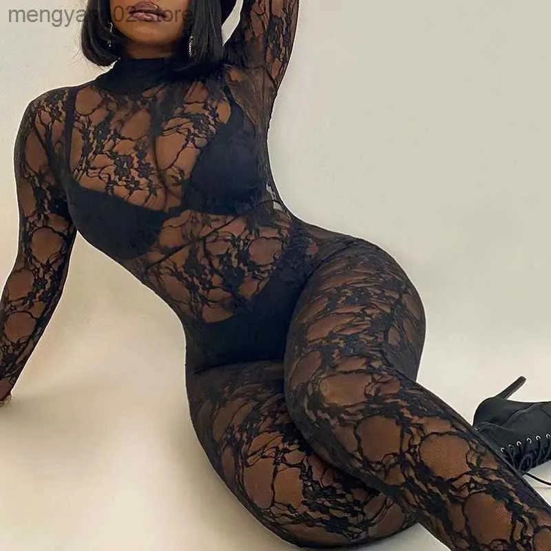 2022 Sexy Black Lace Jumpsuit For Women Long Sleeve See Through