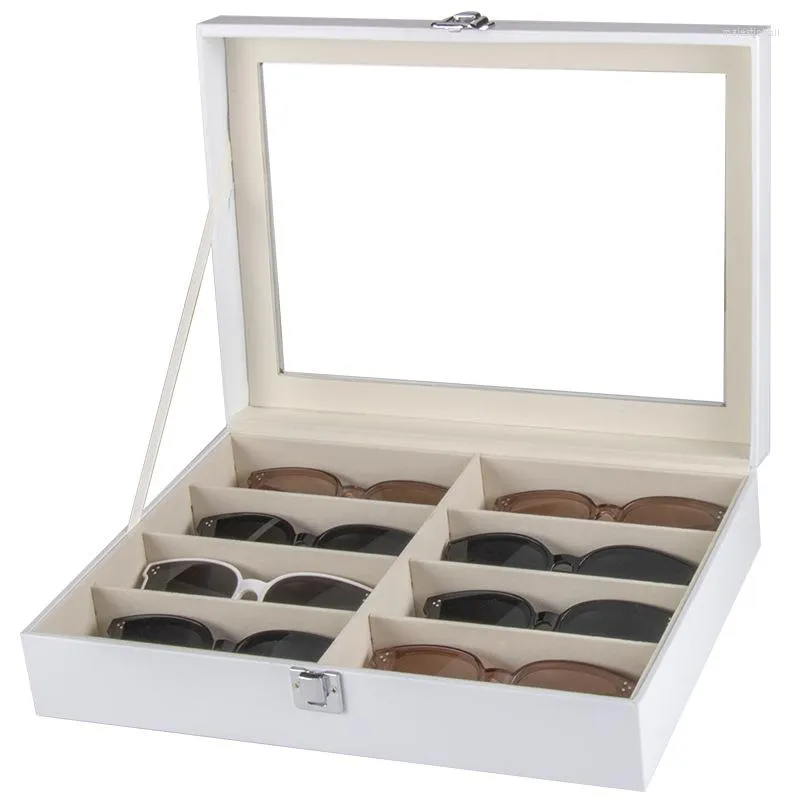 Pochettes à bijoux Boîte de présentation de rangement pour lunettes à 8 positions en bois blanc Collection de 8 lunettes de soleil avec étui à boucle