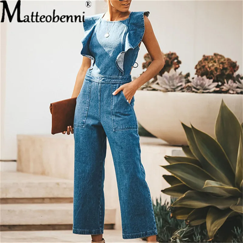 Kobiety Jumpsuits Rompers Bez rękawów Ruffle Design Back Back Back Denim Rompers Kobiet Spring Spring Autumn Casual kombiner Streetwear Scossuit 230504