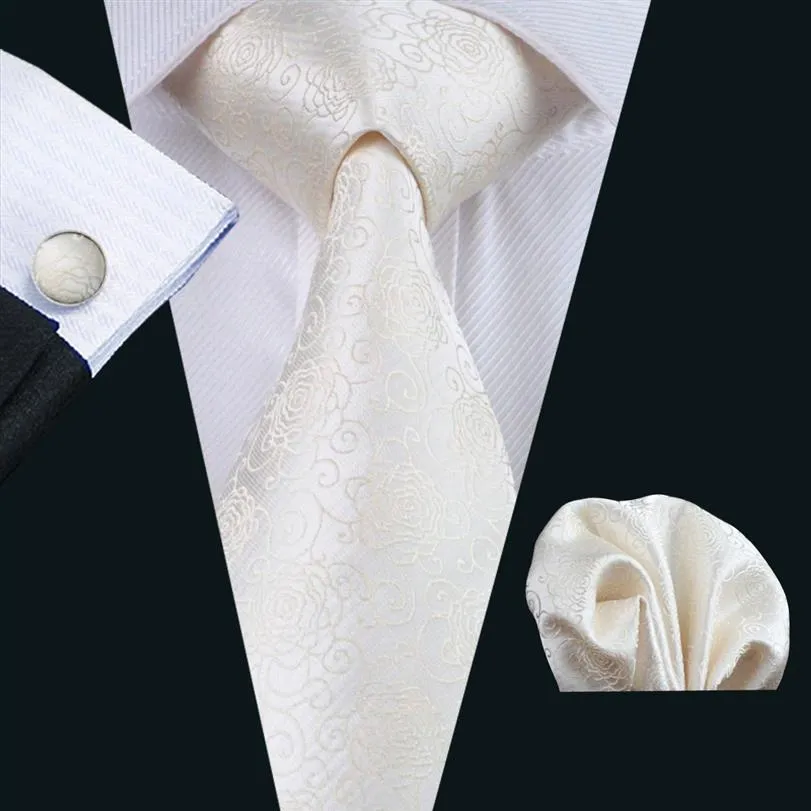 Classic Mens Ivory Silk Tie Pocket Square Cufflinks Set 8 5cm Width Meeting Business Casual Party Necktie Jacquard Woven N-1174256q