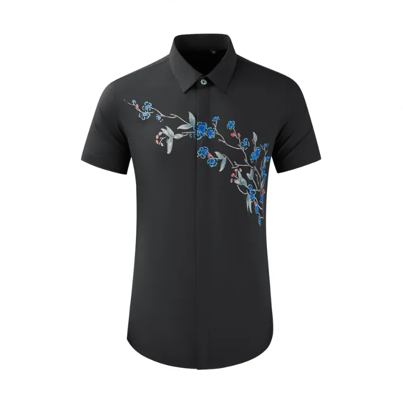 Chemises d'été pour hommes de luxe fleur de prunier imprimé à manches courtes fête hommes chemises habillées affaires décontracté mince homme chemises 4XL