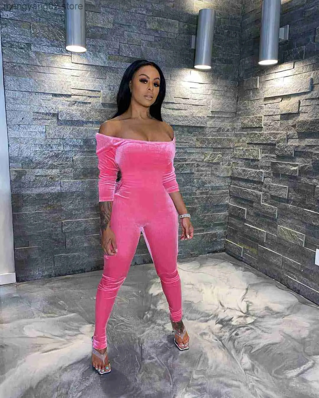 Womens Jumpsuits Rompers Echoine Pink Velvet Slash Off Shoulder