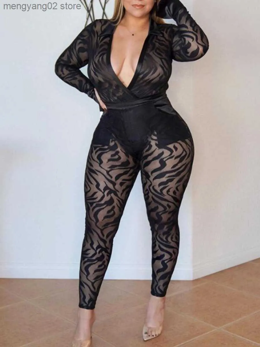 Kvinnors jumpsuits Rompers LW SXY Plus Size Seught Stretchy Jumpsuit Sexig Se genom Jumpsuit Women Hole Hollow Midnight Party Stretchy Skinny Bodyco T230504