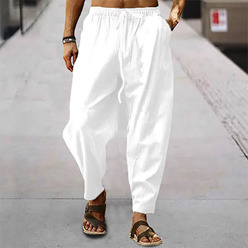 Calça masculina imitação respirável masculina calça de linho de algodão homem verão solto esportes casual home yoga elástica calça 230504