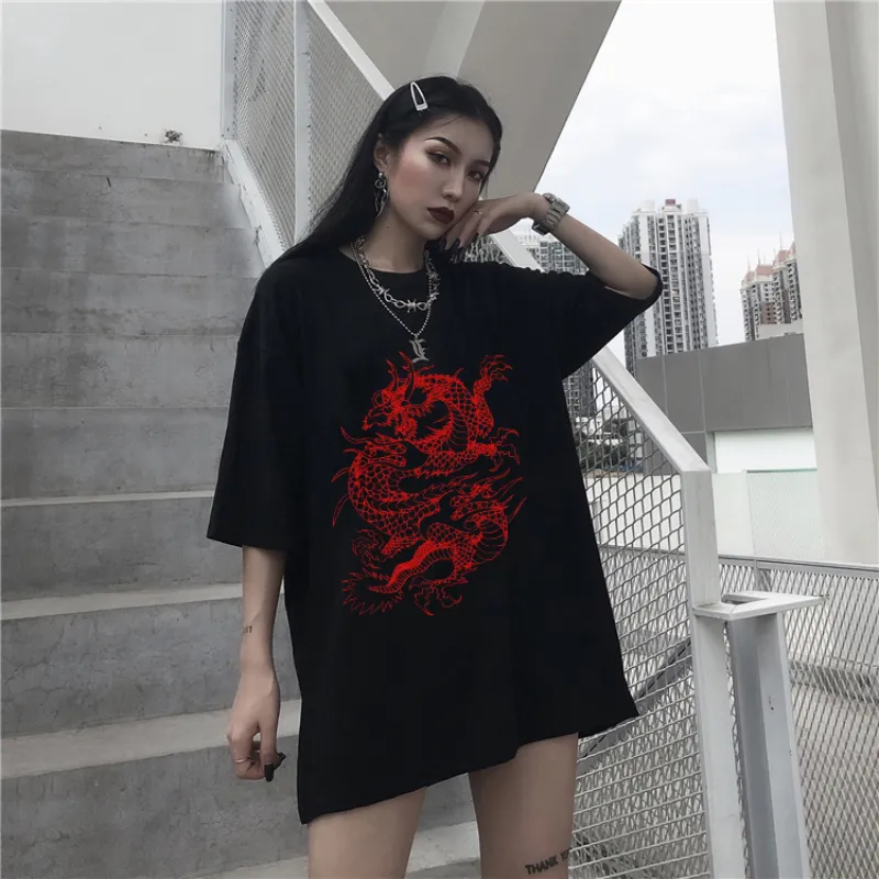 Мужская футболка для футболок мужчина женщин, женщины, уличные топы Y2K Harajuku Dragon Gothic Myth Print Одежда с коротким рукавом плюс размер негабаритная футболка 230504