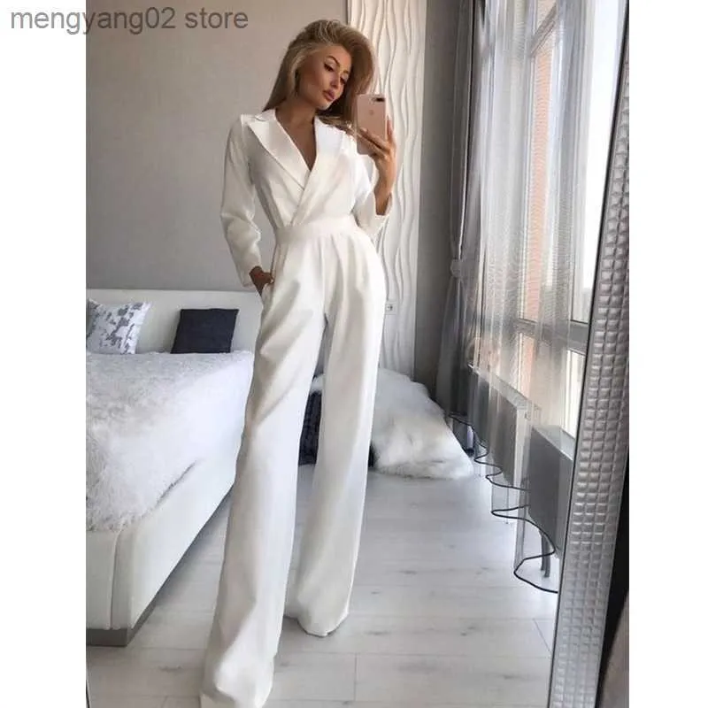 Elegant White Long Sleeve Jumpsuit for Women Autumn Winter Wide Leg Office Wear Foridol Femme Overalls