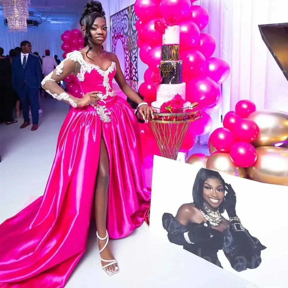 Hot pink satin prom dress hotsell