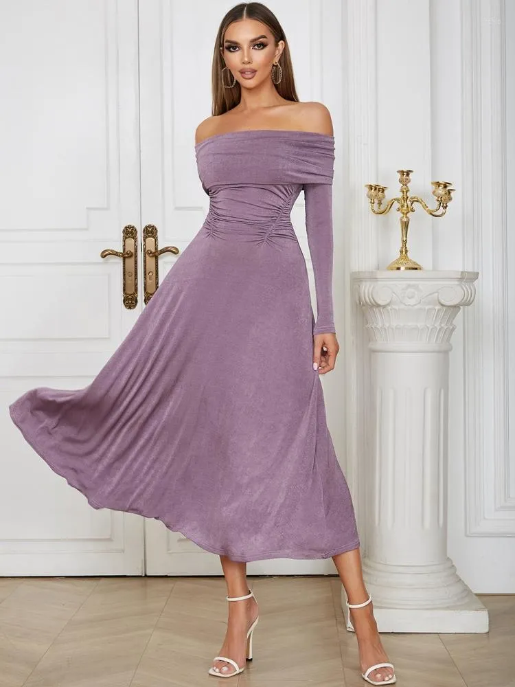 Robes décontractées Sexy hors de l'épaule à manches longues plissée robe trapèze femmes tempérament sans bretelles violet fête Midi soirée Club