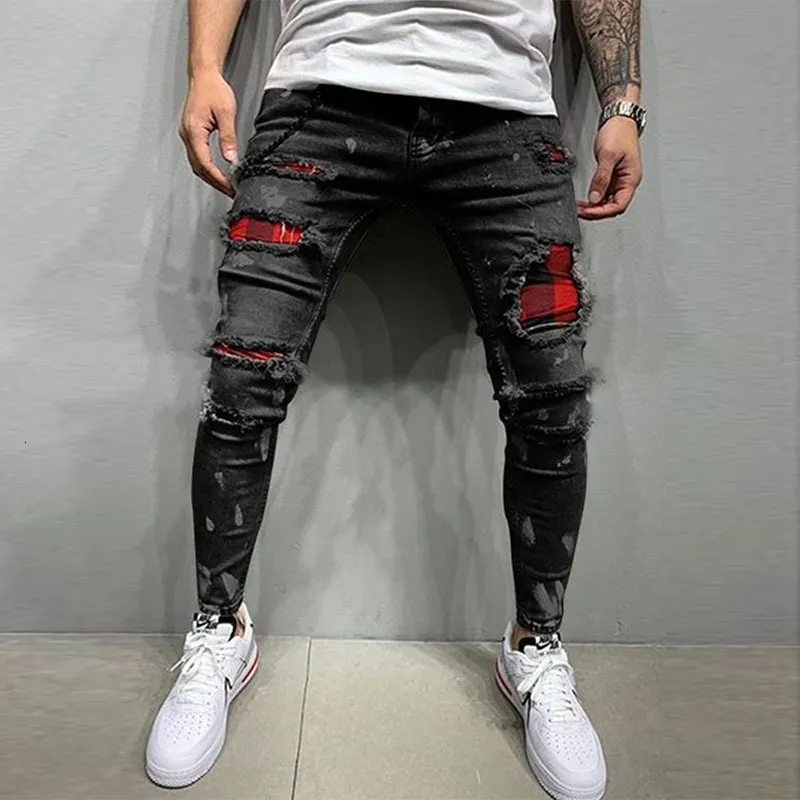 Erkek kot pantolon boyalı streç skinny jeans ince fit yırtılmış sıkıntılı sırtlı diz yaması denim pantolon marka maskulina için gündelik pantolon 230503