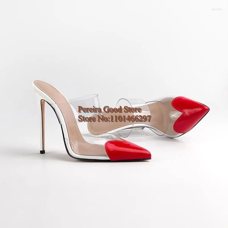 Dress Shoes Red Heart Clear PVC High Heel Sandals Transparent Strap Thin Heels Slip On Women Party Pointed Toe Plus Size 45