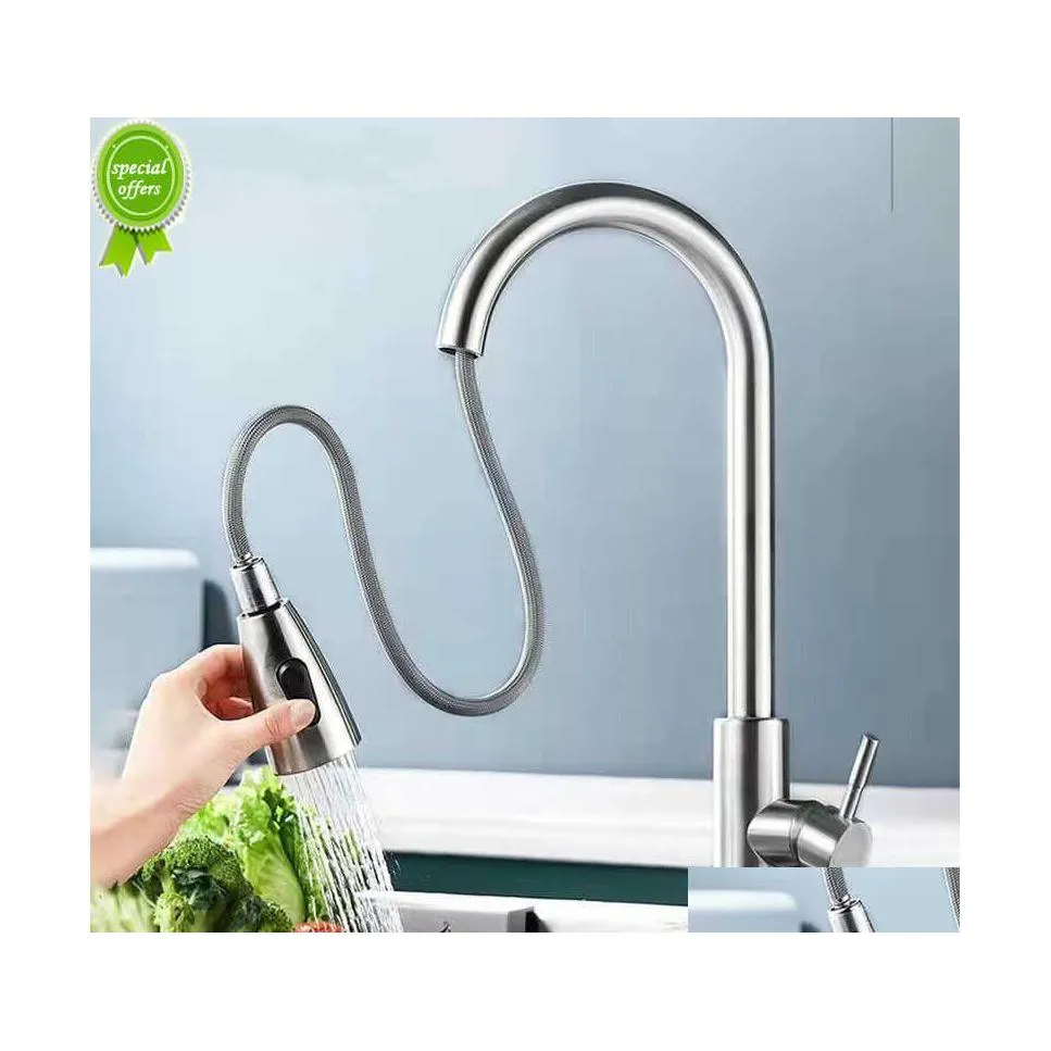 Grifos del fregadero del baño Grifo de la cocina cepillado Orificio único Pl Out Spout Lavabo Mezclador estirable Grifo Corriente Rociador Cabeza Gota Deliv Dhkrr