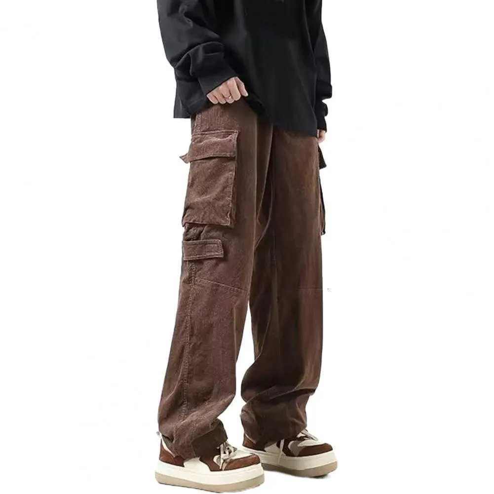 Mid Rise Multiple Pockets Straight Leg Corduroy Casual Cargo Pants