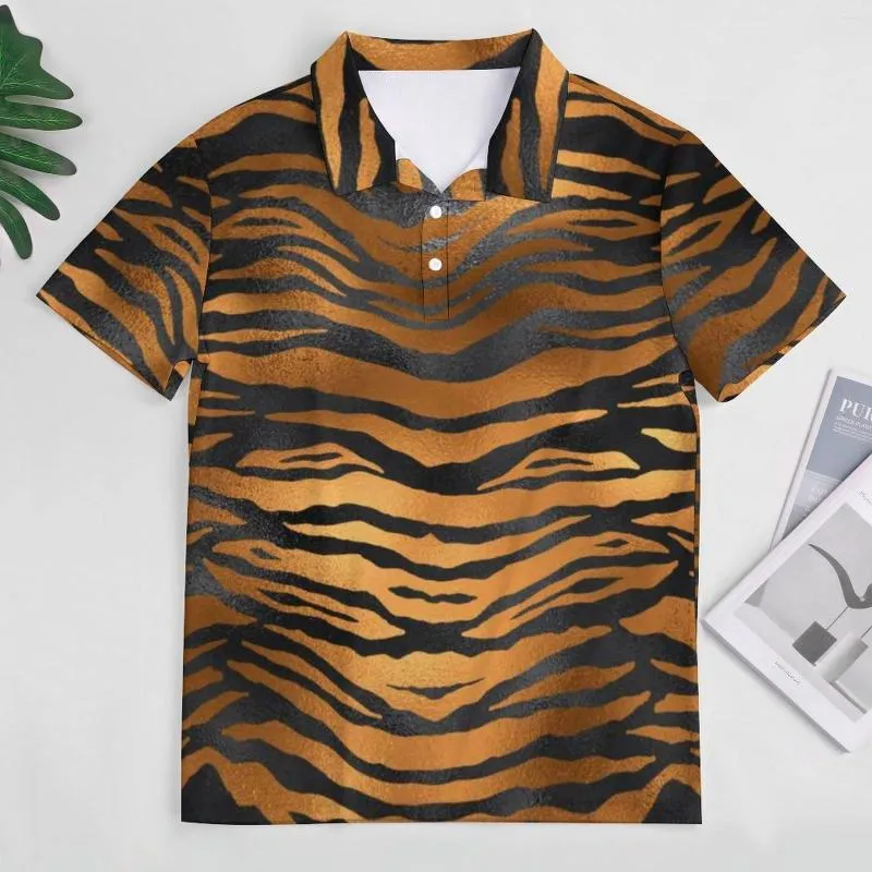 Men s Polos Tiger Stripes Print Polo Shirt Men Black Brown Animal Skin Casual Day Fashion T Shirts Short Sleeve Graphic Oversized Tops