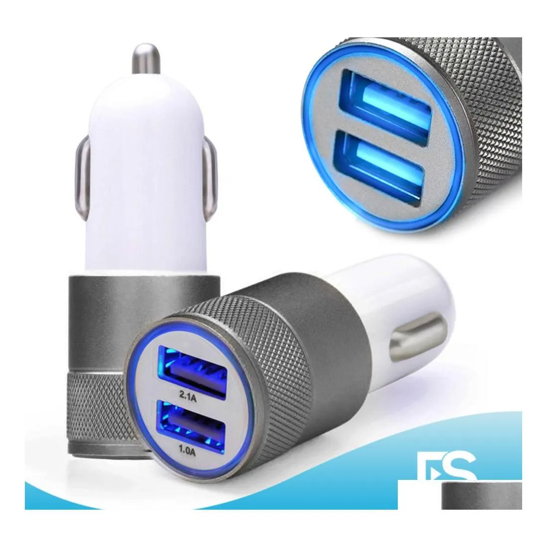 Cell Phone Chargers Metal 2 Ports Car Charger 2.1A Add1A Power Adapter Colorf Micro Usb Plug For 12 13 Gps Mp3 S8 S9 Android With Op Dh02P