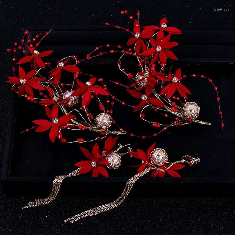 Naszyjnik Zestaw Kobiety w stylu Chińczyk Red Hair Band Tassel Dziewczyny Flower Akcesoria Bride Symulowana perłowa biżuteria na