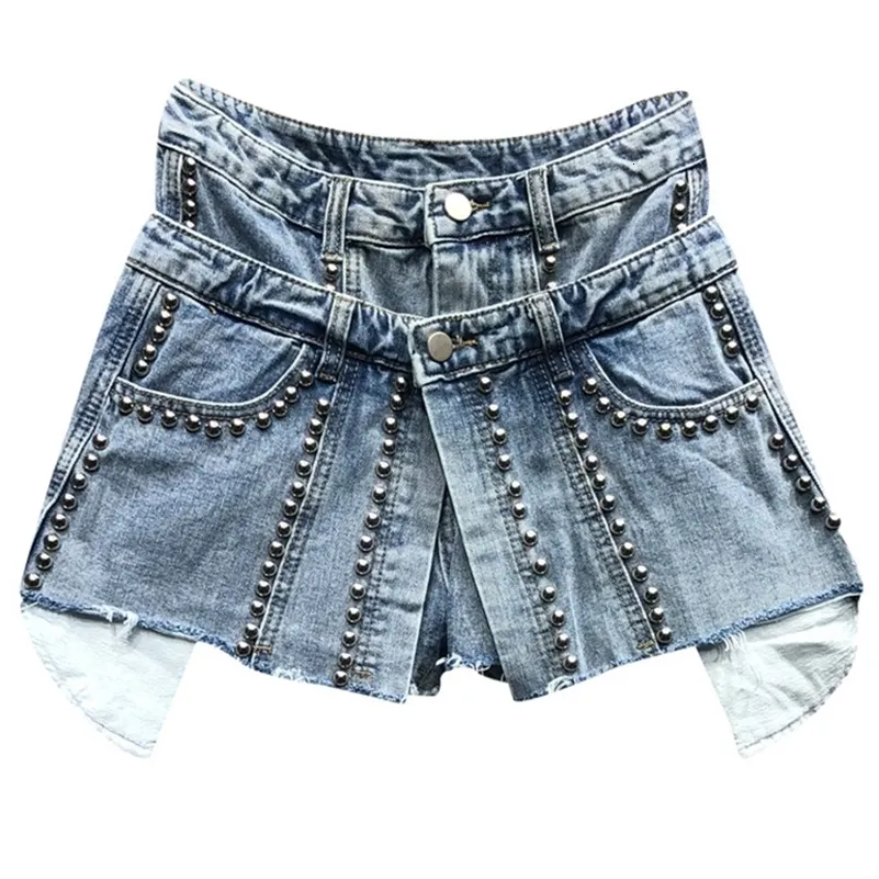 Kvinnors shorts deat sommar kvinnors shorts mode hög midja falska två datorer nit löst bred ben kort denim byxa kvinnlig 17a767 230504