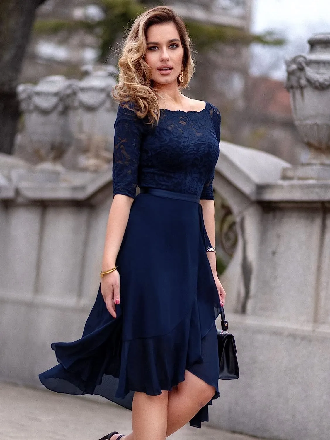 Women's Knee-Length Empire Waist Off the Shoulder Lace Patchwork Chiffon  Dress with Seven-Point Sleeves from Dhgate Urban Sexy Dresses - price 105.18