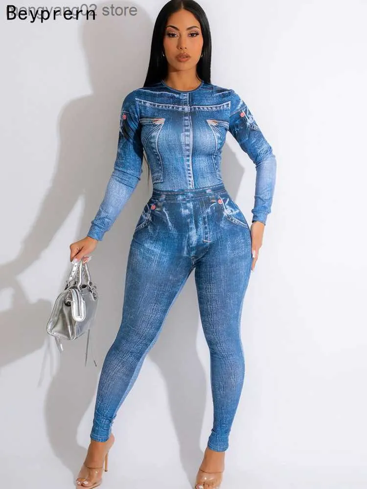 Frauen Jumpsuits Strampler New Fashion O Neck Denim Printed Jumpsuits Sexy Strampler Nachtclub Outfit One Piece Damen Kleidung Clubwear Rave Wear T230504