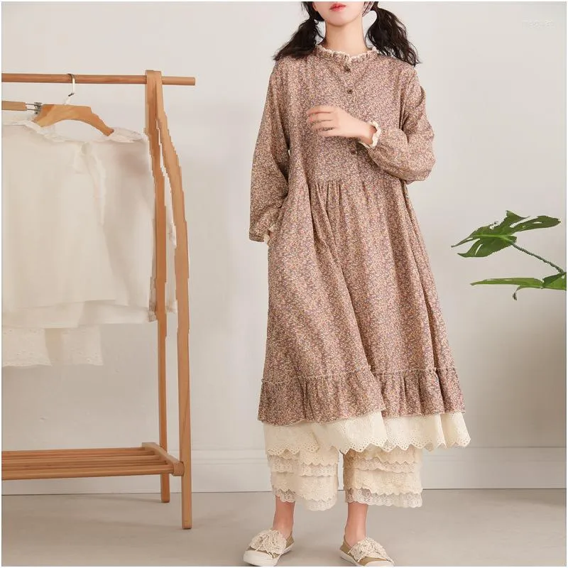 Japanese Mori Girl Floral Print Casual Anarkali Dress Long Sleeved