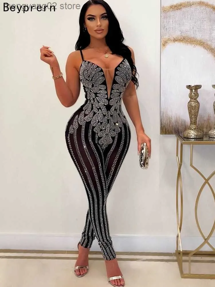 Combinaisons pour femmes Barboteuses Sparkle Sheer Mesh Crystal Barboteuses Femmes Glam See-Through Strass Long Pantalon Combinaisons Discothèque Tenues Clubwear T230504