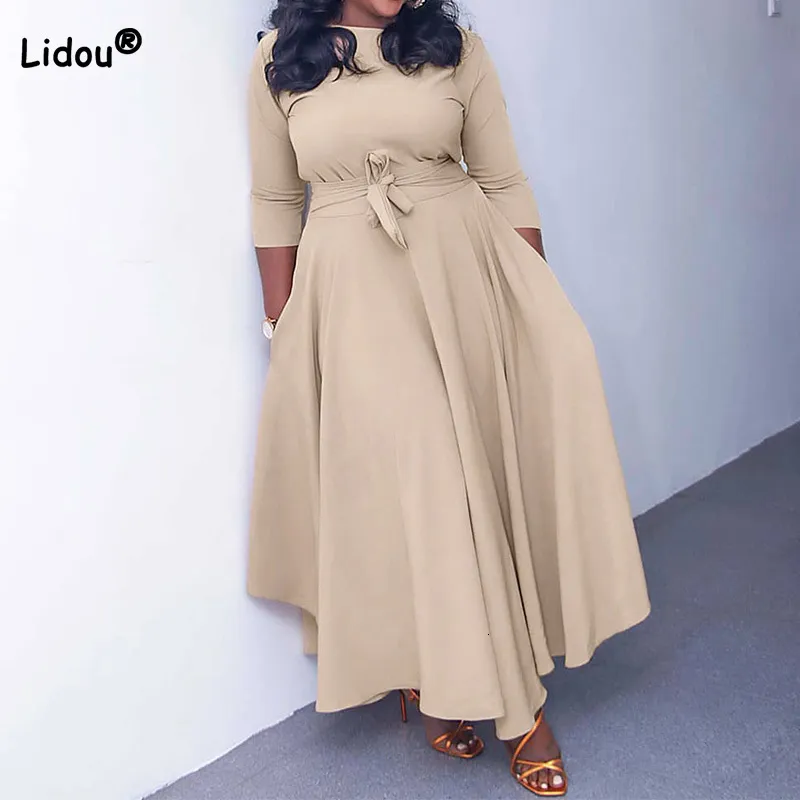Plus Size Womens Ankle-Length Solid Color Maxi Dress with Round Neck, Bell  Sleeves, Lace-Up Detail, and Slight Stretch Polyester Twill Fabric for  Winter from Dhgate Plus size Dresses - price 81.09
