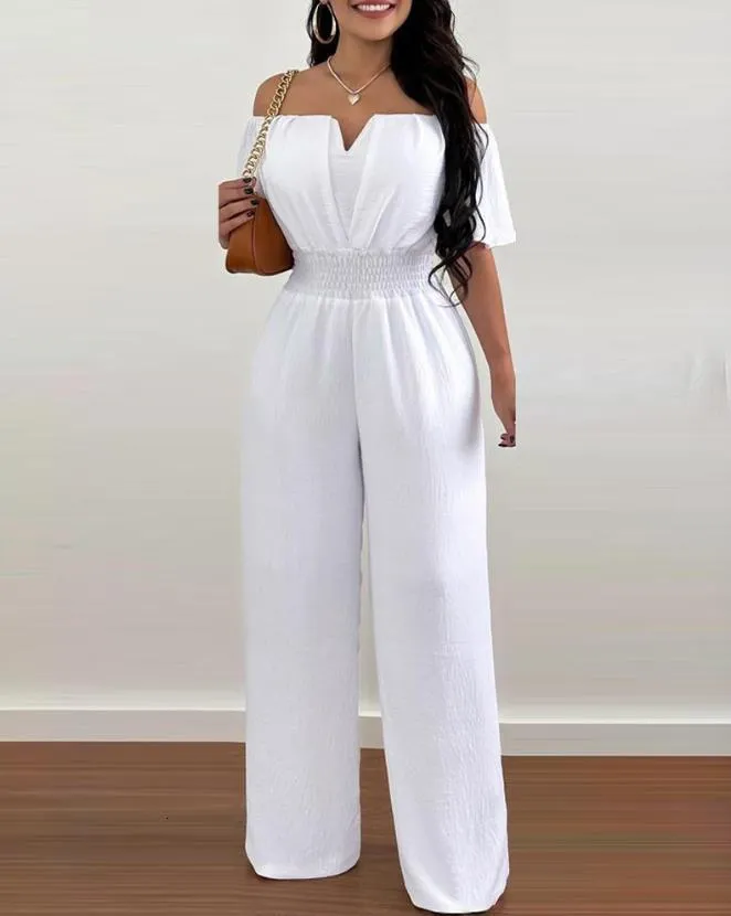 Women's Jumpsuits Rompers Jumpsuits for Women Spring Fashion Off Shoulder Casual Plain Short Sleeve Shirred Waist Daily Long Wide Leg Jumpsuit 230504