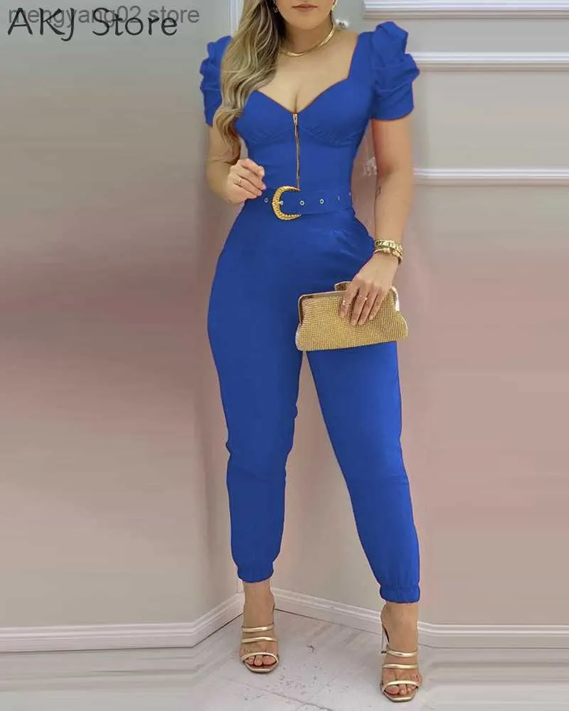 Women s Jumpsuits Rompers Women Elegant Plain Puffed Sleeve Jumpsuit With Belt T230504