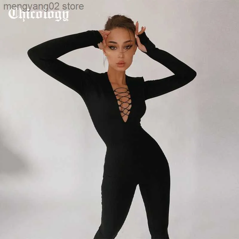 Women's Jumpsuits Rompers Chicology Women Autumn Winter Deep V Neck Zipper Back Long Sleeve Bodycon Sport Stretchy Streetwear Black Jumpsuits T230504