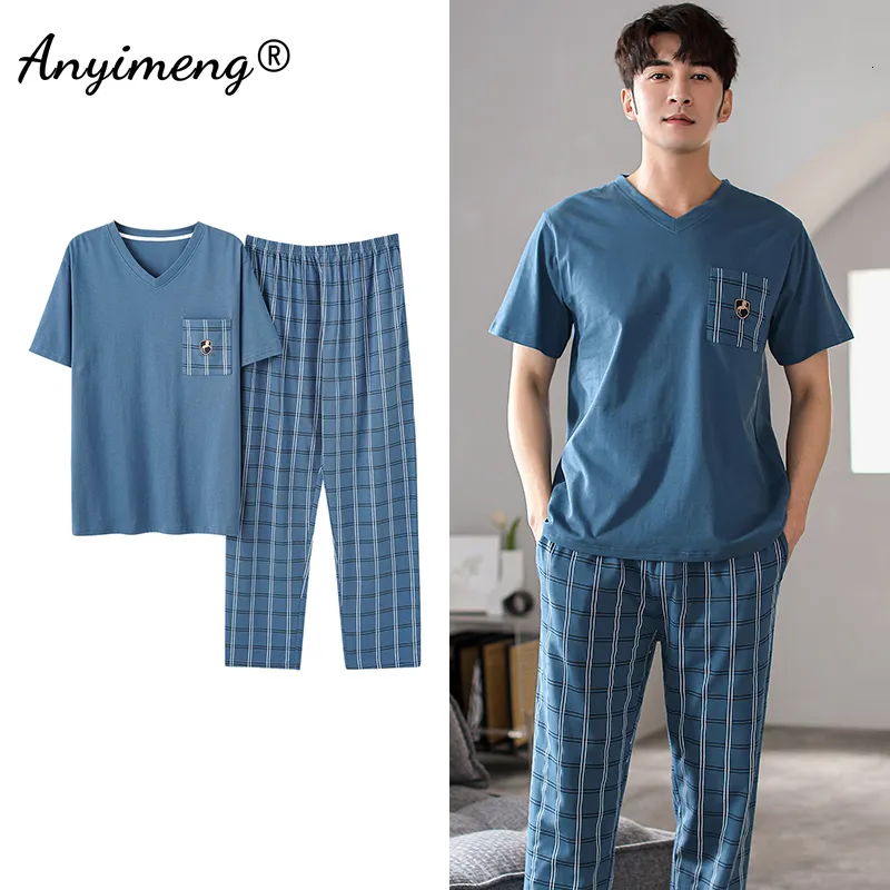 Mäns sömnkläder Summer Cotton Men Pyjama sätter kort ärm långa byxor avslappnad loungewear för pojke lyxiga sömnkläder V-ringar eleganta herrkläder 230505