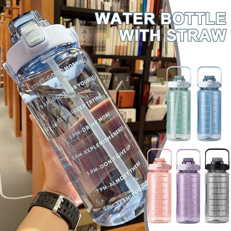 زجاجة ماء زجاجة ماء 2L زجاجة رياضية كبيرة السعة مع علامة الوقت كوب القش المحمولة زجاجات سفر شفافة كوب المياه الصقيع p230324