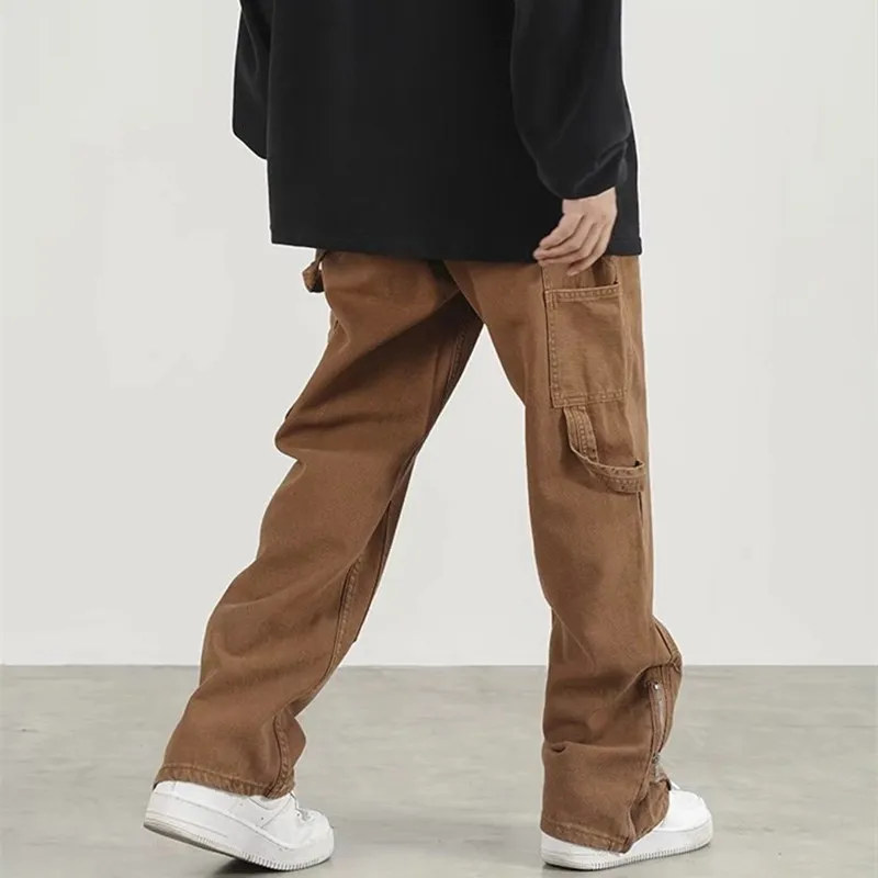 Brown Baggy Mens Ankle Zipper Brown Corduroy Pants Cargo Wide Hip
