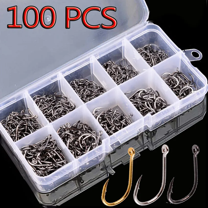 خطافات الصيد AORACE 100PCS مجموعة من الصلب الكربوني أحادي الدائرة خطاف الطيران JIP شائكة الكارب البحر الإكسسوارات 230504