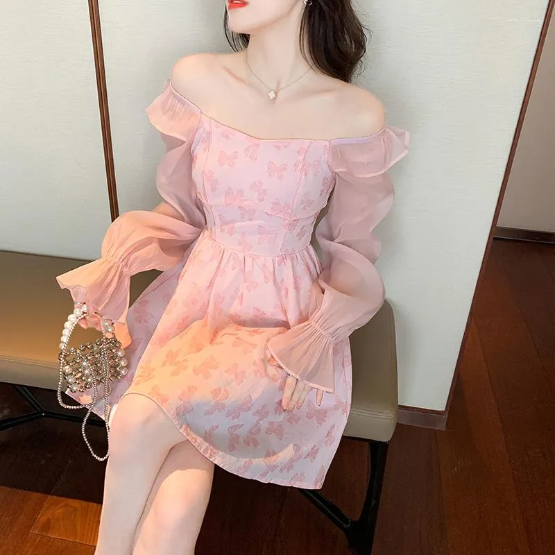 Casual Dresses 2023 Spring Cherry Blossom Pink Long Sleeved Dress Slim Temperament Womenswear