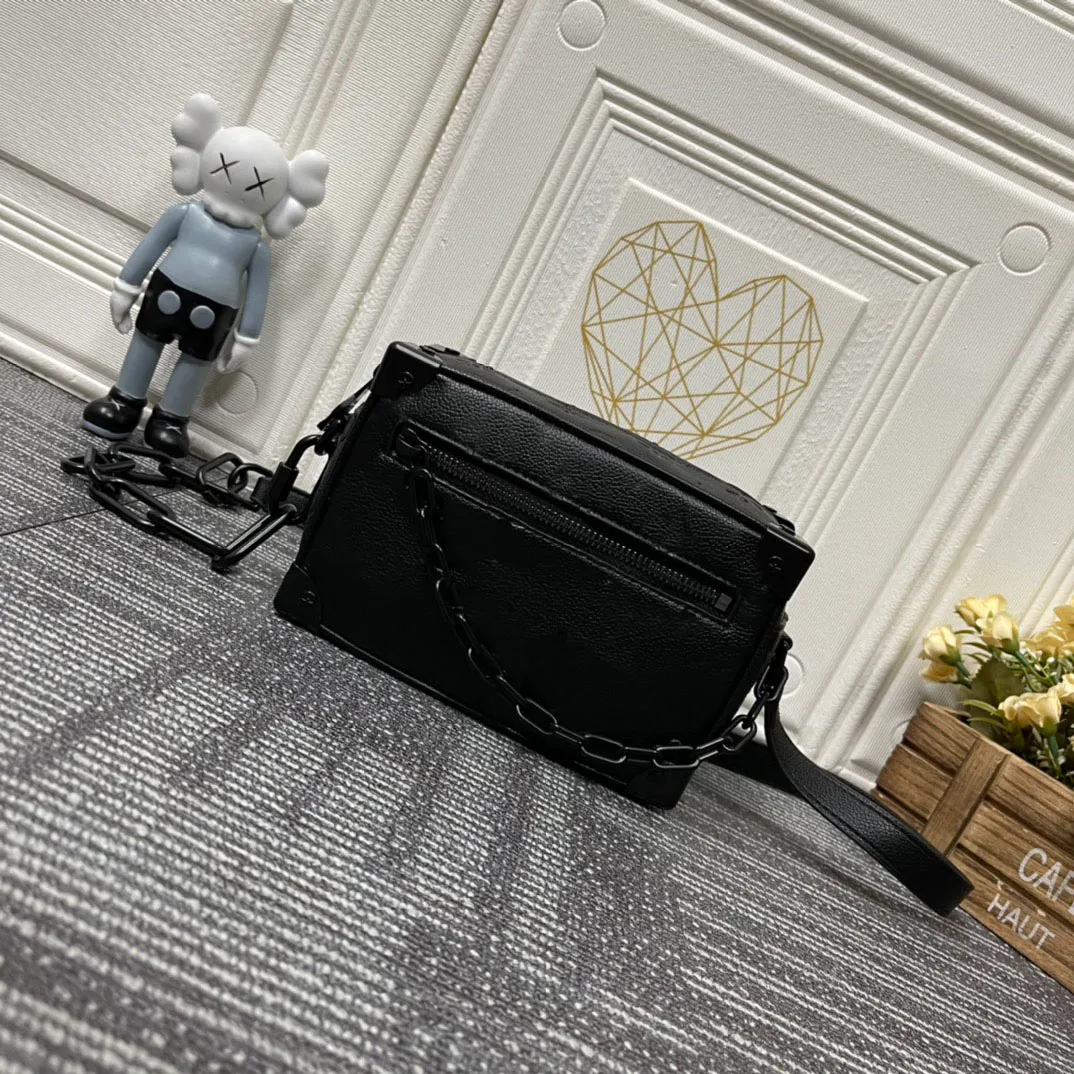 Genuine Leather Retro Mini Trunk Box Chain Bag with Embossed Black White Flowers Crossbody Shoulder Bag for Women Men