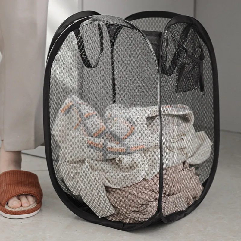 Storage Boxes Bins Folding laundry basket organizer for dirty clothes bathroom clothing mesh storage bags and household wall mounted rack buckets