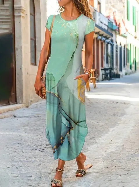 Casual Dresses 3D Print Long Dress Elegant Women V Neck Short