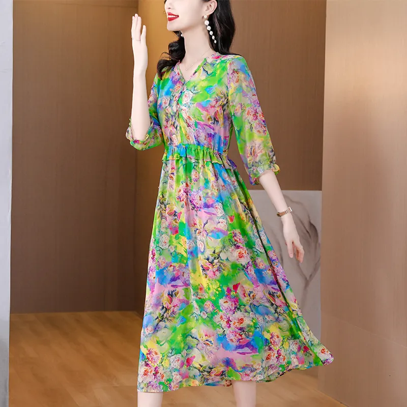 Повседневные платья летние цветочные натуральные шелковые бабочки рукав Midi платье Женская модная легкая ровная пляжное платье V-образного выпуска корейское элегантное выпускное выпускное