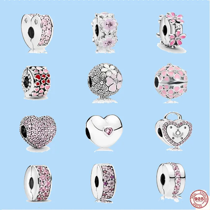 925 sterling silver charms for jewelry making for pandora beads Jewelry Gift Wholesale Pink Pave Flower Heart Lock Clip Bead