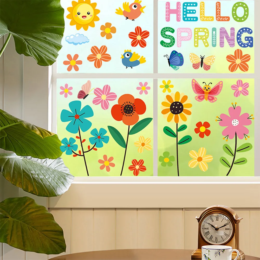 Wallpapers 9 Sheets Spring Flower Window Sticker Butterfly Glass Sticker Wall Stickers DIY Wallpaper Decals For Bedroom Living Room 230505