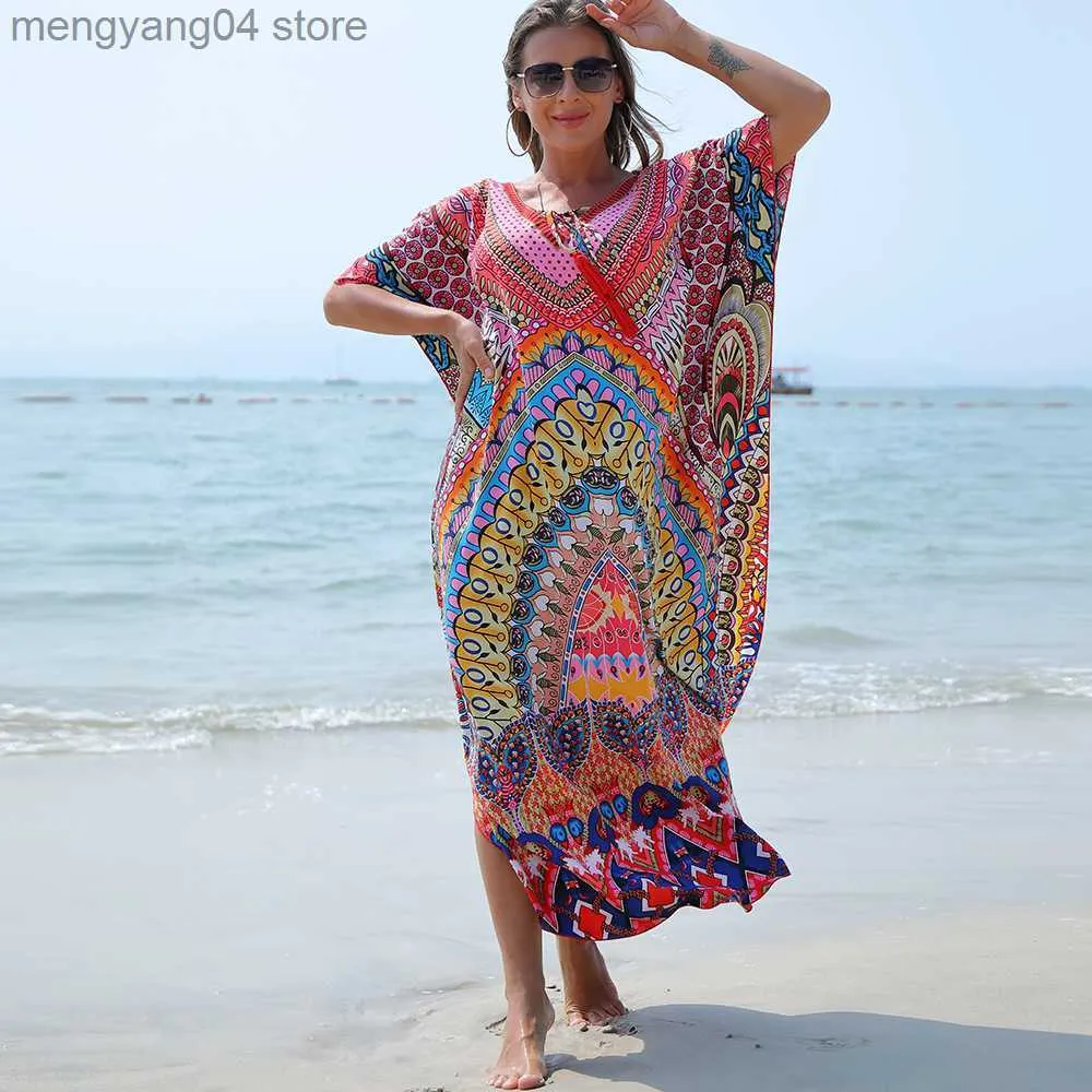 Damen Bademode Strandkleid Frauen Vintage Print Kurzarm Damen Robe Lose Lässige Strand Vertuschung Boho Schnelltrocknendes Stoffkleid Urlaubsausrüstung T230505