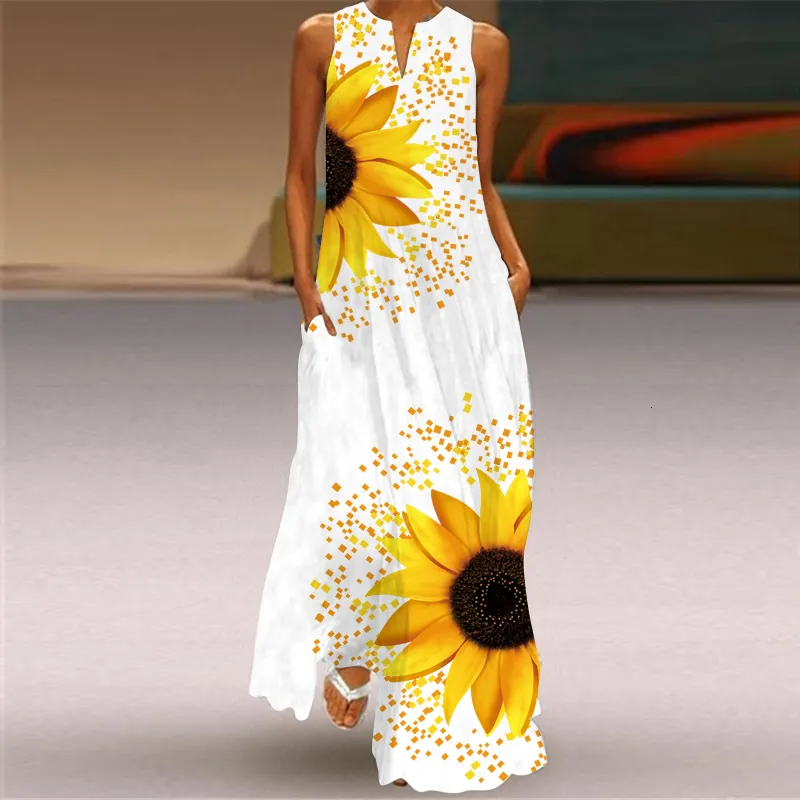 Casual Dresses 3D Sunflower Printed Maxi Dresses Summer Women Fashion Flowers Sleeveless Casual Sundress Ladies Elegant Party Bright Long Dress 230505