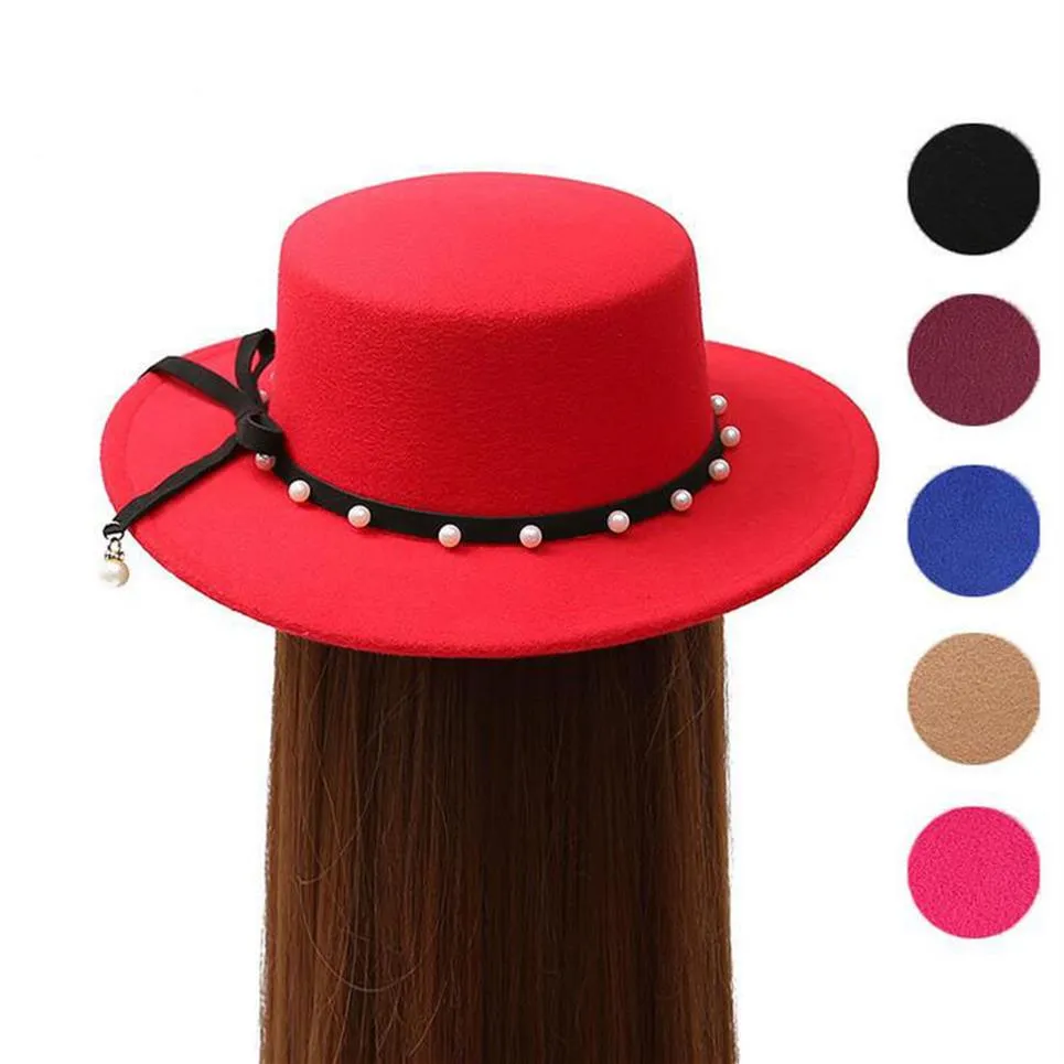 Bon A Tendance automne et hiver plat le long du chapeau haut plat Ms personnalité perle imitation laine feutre chapeau cérémonie cap EMB040301c