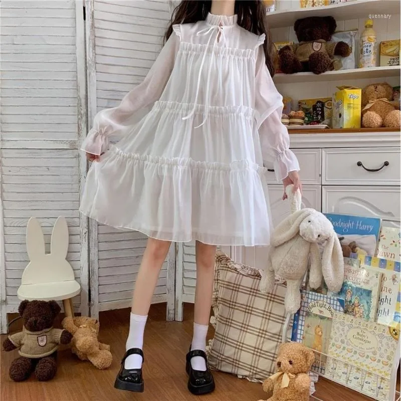 Casual Dresses HOUZHOU White Short Dress Women Japanese Fashion Kawaii Harajuku Preppy Korean Long Sleeve Oversize Lace Cute Aesthetic