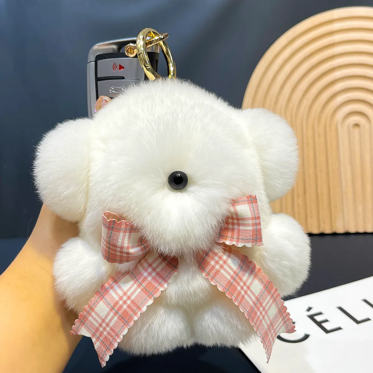 Porte-clés ours en fourrure de lapin véritable, mignon, breloque pour sac, sac à main, pendentif de téléphone de voiture, jouets pour enfants