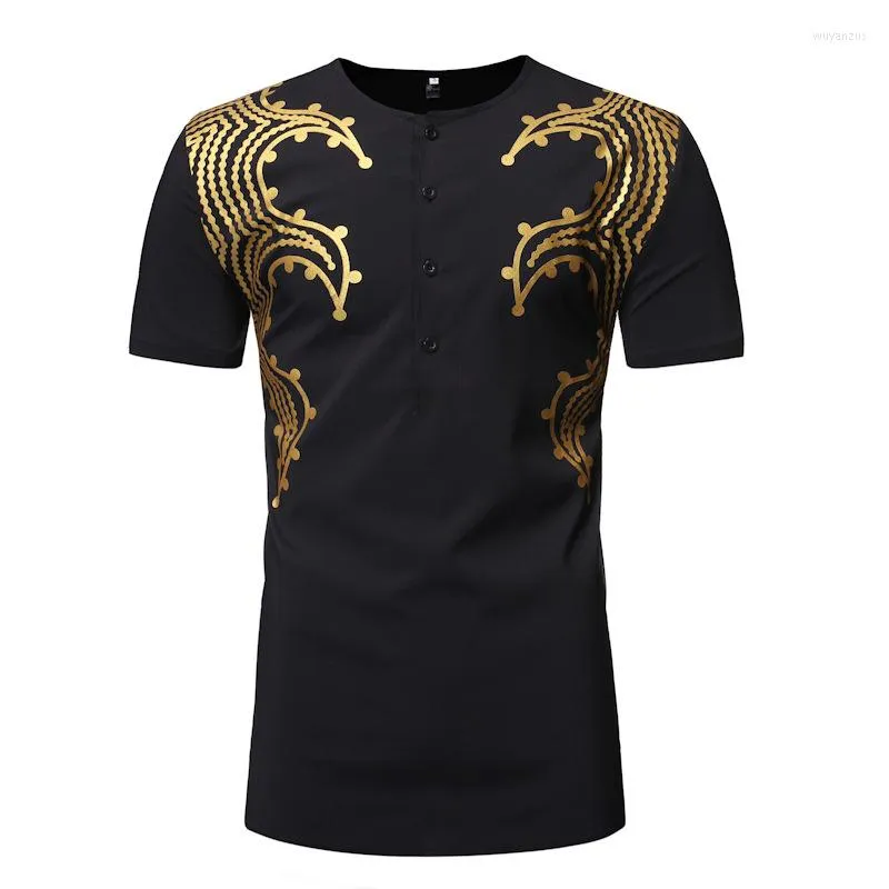 Vêtements ethniques Africain Trad Chemise Imprimé Métallisé O Cou Top Hommes Manches Courtes Demi Bouton T-shirt Tee Pour Hommes Plus La Taille