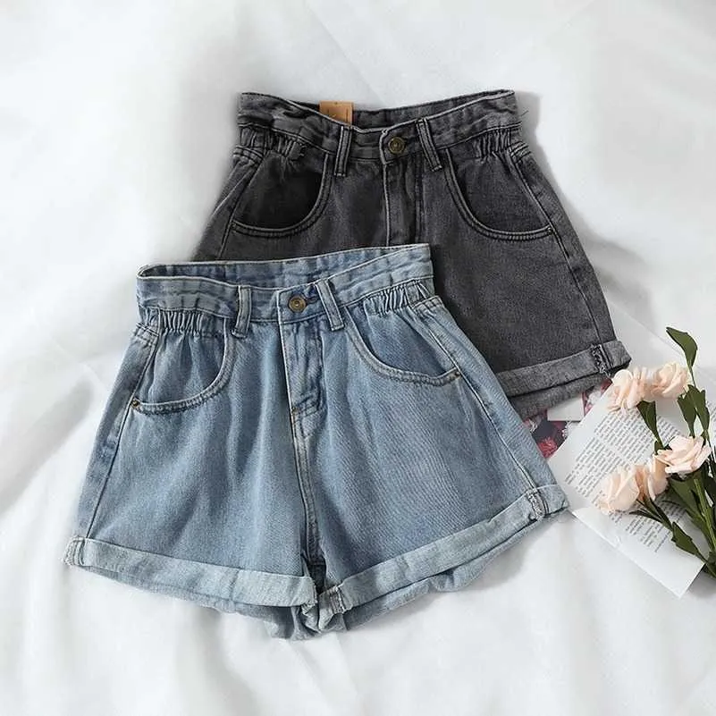 High waisted elastic denim shorts on sale