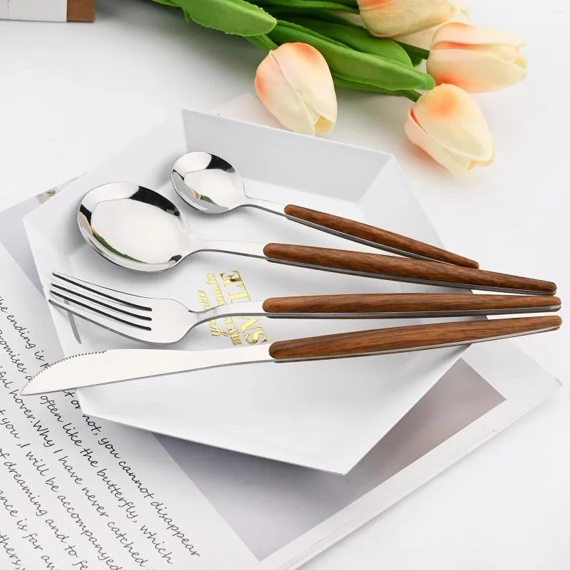 Flatware Sets Brown Silver 4/8/16/24 Dinnerware Set Stainless Steel Cutlery Imitation Wooden Handle Tableware Knife Spoon Fork Silverware