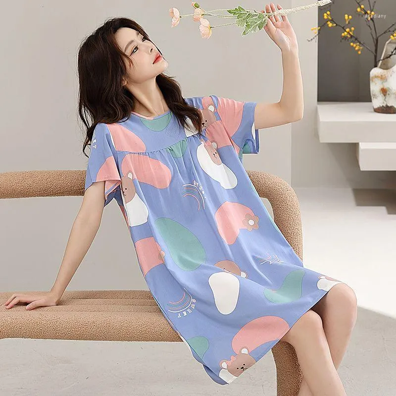 Women's Sleepwear Extended Cotton Silk Nightgown Ladies Short Sleeve Plus Size Pajamas Summer Rayon Loose And Comfortable Home Clothes