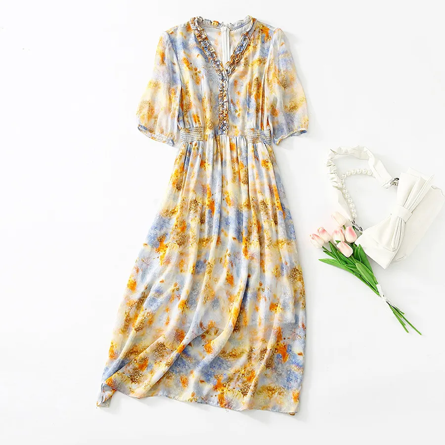 2023 Summer Yellow Print Beaded Silk Dress 1/2 Half Sleeve V-Neck Panelled Elastic Waist Midi Casual Dresses C3A250173